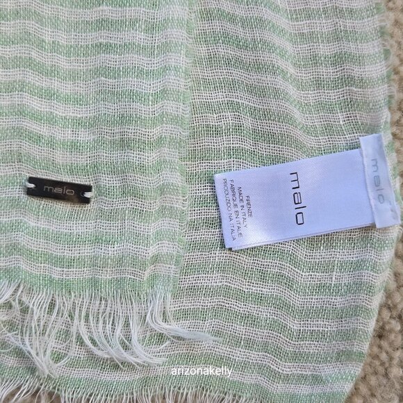 Malo Linen Scarf Green White Stripes Italy - Picture 5 of 14